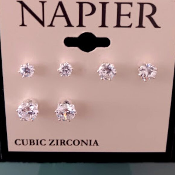 NAPIER 3pc SET Mod/Contemporary Silver Clear CZ Stone Stud Earrings**NEW! - Picture 1 of 2